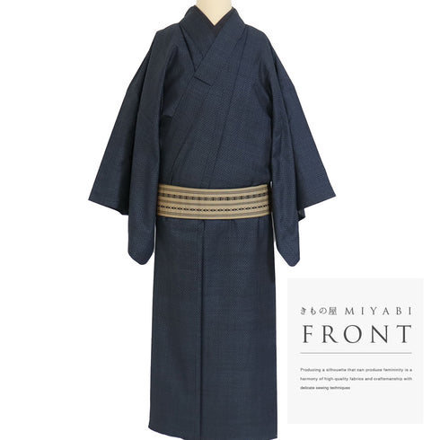 アンサンブル 男物 リサイクル 身丈134cm 裄68.6cm 羽織丈93cm 袷 紬 絣柄 ネイビー SSサイズ お洒落 カジュアル 正絹 棒衿 Sランク